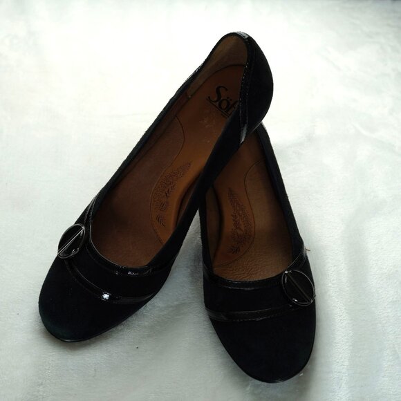 SOFFT Black Suede Low Heel Pumps Patent Detail‎ Leather Lined Size 8M - Picture 1 of 7